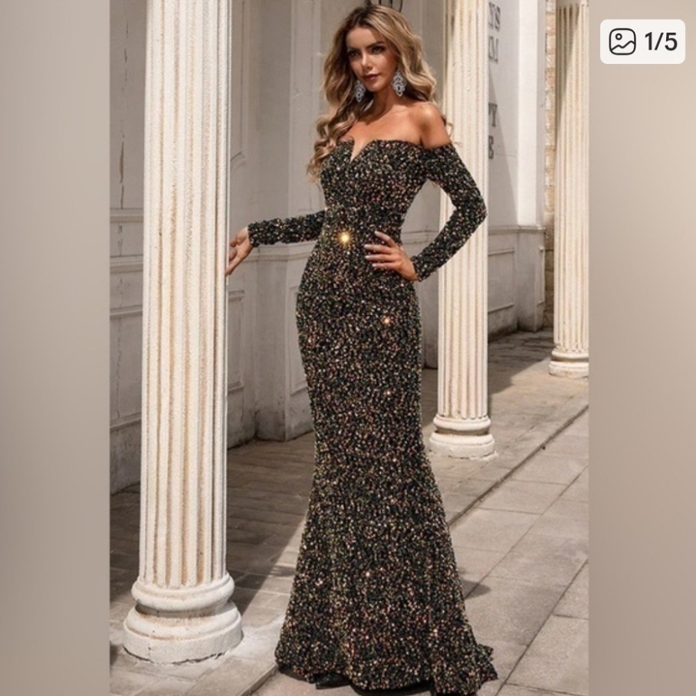 MIS Ord Mermaid Long Sleeve Elegant Sequin Off-Shoulder Dress